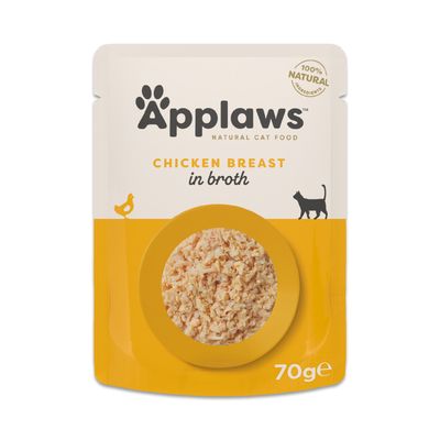 Applaws natural cat food, chicken breast with wild rice in broth, 100% natural ingredients, 70g pouch shown with visible contents.
