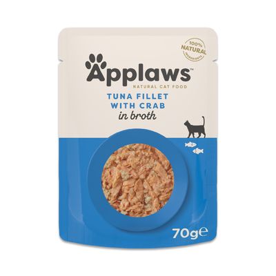Applaws natural cat food, chicken breast with wild rice in broth, 100% natural ingredients, 70g pouch shown with visible contents.