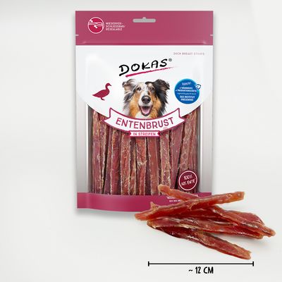 Dokas kacsamell csíkokban, visszazárható csomagolás, 100% kacsa, SGS Institut Fresenius által ellenőrizve, csíkok hossza kb. 12 cm.
