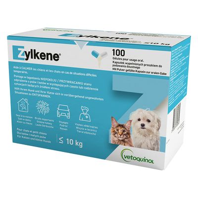 Zylkene, 30 cápsulas de administración oral. Ayuda a perros grandes (15-60 kg) a relajarse en situaciones difíciles como ruidos fuertes, viajes o visitas al veterinario.