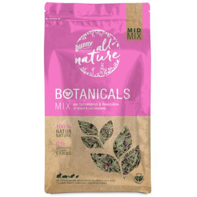 bunny all nature BOTANICALS MID MIX Vets, etetési útmutató: 120 g, piktogramok a snack és teljes értékű eledel használatról, angol és német leírás, Made in Germany felirat