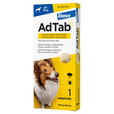 AdTab Elanco comprimidos masticables para perros de 22–45 kg. Elimina pulgas y garrapatas, eficaz durante 30 días. 1 comprimido de 900 mg lotilaner visible en el envase.