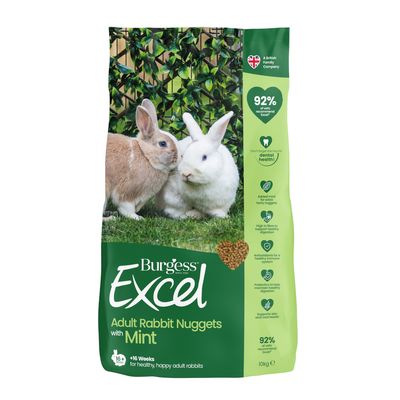 Adult rabbit nuggets with mint, 92% of vets recommend Excel, supports dental health, added mint, high fibre, antioxidants, prebiotics, supports skin and coat, suitable for rabbits over 16 weeks.