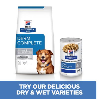 Hill's Prescription Diet Derm Complete száraz és nedves kutyaeledel csomagolás, felirat: skin care & food sensitivities, veterinarian recommended.
