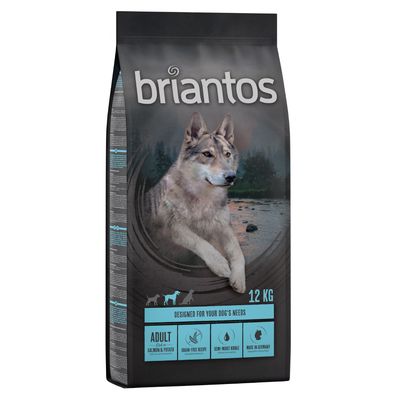 Briantos Adult Plus pienso para perros, 12 kg, con salmón y patata, receta sin cereales, croquetas semihúmedas, fabricado en Alemania.