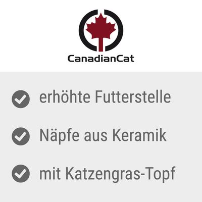 CanadianCat. Erhöhte Futterstelle, Näpfe aus Keramik, mit Katzengras-Topf.