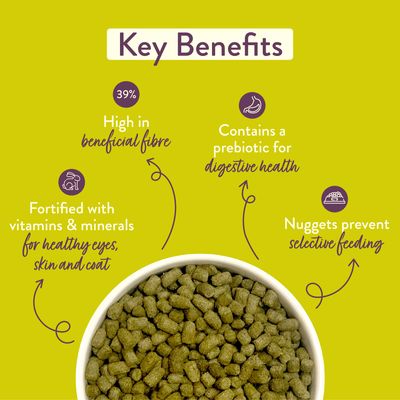 Key benefits: 39% high in beneficial fibre, contains a prebiotic for digestive health, fortified with vitamins and minerals for healthy eyes, skin and coat, nuggets prevent selective feeding.
