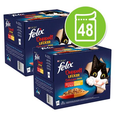 Purina felix Doppelt Lecker macskaeledel, két 24 darabos csomag, összesen 48 tasak. A dobozon fekete-fehér macska és tál étel látható.