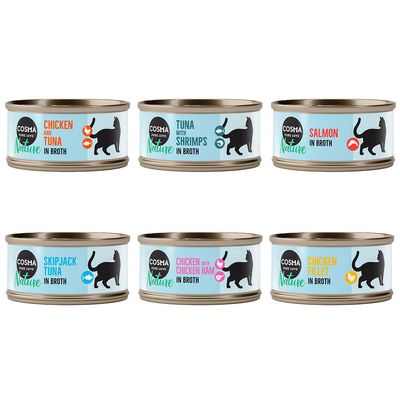 Pack de 24 latas de 70 g de Cosma Pure Love Nature Chicken and Tuna in Broth. Etiqueta con silueta de gato y símbolos de pollo y atún.