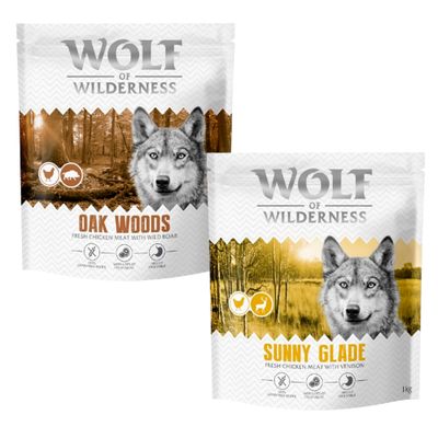 Wolf of Wilderness kutyatáp csomagok: Blue, Sunny, Wild, Green Fields. 100% grain-free recipe. Próbálja ki! felirat narancssárga körben.