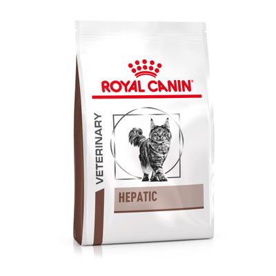 Royal Canin Veterinary Nutrition Hepatic macskaeledel, csomagolás macska képével és barna dizájnnal.