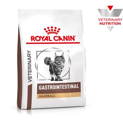 Royal Canin Veterinary Gastrointestinal Hairball macskaeledel, barna és arany színű csomagolás, macska látható. Veterinary Nutrition logó látható.