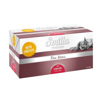 Smilla Fine Menu z kurczakiem, wołowiną i marchewką. Wykwintne nadzienie. Opakowanie zawiera 8 x 100 g saszetek.