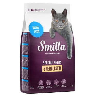Smilla Special Needs Sterilised hrana za mačke s ribom, ponovno zatvorivo pakiranje, proizvedeno u Njemačkoj, sadrži omega masne kiseline, taurin i Yucca Schidigera, 1 kg.
