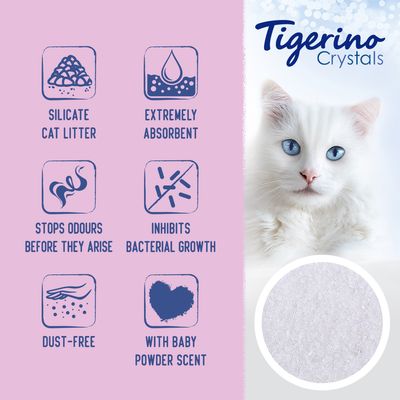 Silicate cat litter features: extremely absorbent, stops odours before they arise, inhibits bacterial growth, dust-free, with baby powder scent. Brand name Tigerino Crystals shown.