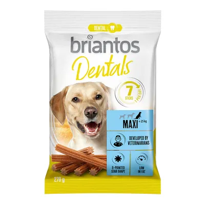 Briantos Dentals Maxi nagytestű kutyáknak 25 kg felett, 7 rúd csomagonként, állatorvosok által fejlesztve, csillag alakú, zsírszegény. Súly: 270 g. Briantos Dentals Maxi nagytestű kutyáknak 25 kg felett, 7 rúd csomagonként, állatorvosok által fejlesztve, csillag alakú, zsírszegény. Súly: 270 g.