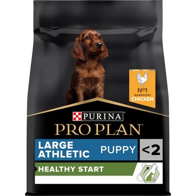 Purina Pro Plan Large Athletic Puppy <2, Healthy Start, No1 Ingredient Chicken feliratú kutyatáp csomagolás látható.