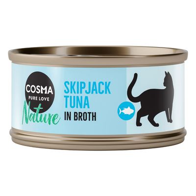 Cosma Pure Love Nature Pacific Tuna in Broth. Cat food can with silhouette of a cat and fish symbol.