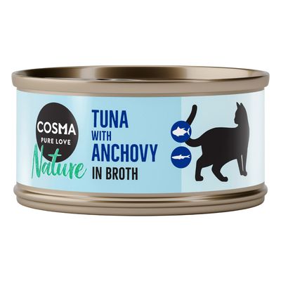 Cosma Pure Love Nature Pacific Tuna in Broth. Cat food can with silhouette of a cat and fish symbol.