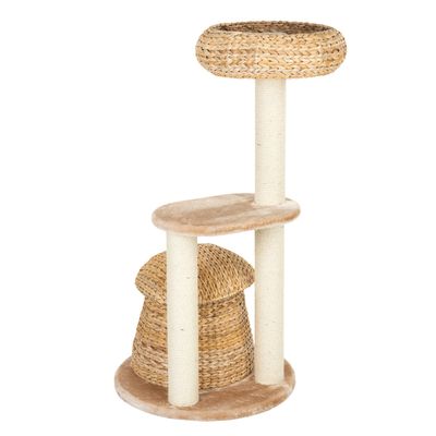 Cat tree made of woven natural material with two levels, sisal posts and a cave. Upper lying surface is round and elevated.