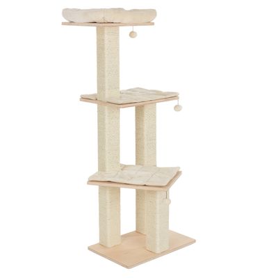 Cat tree with three levels, sisal posts and play ball. Bengal cat playing on middle level. Top platform with padded lying surface.