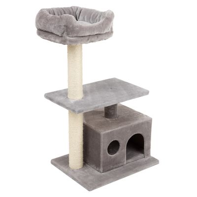 Grey scratching post with cave, two levels and padded lying surface. Sisal-wrapped post for claw care.