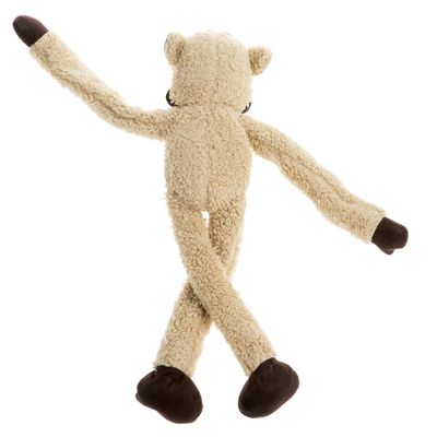 Juguete de peluche en forma de mono beige y marrón con brazos y piernas largos, apto para mascotas.