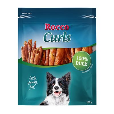Rocco Curls, 100% csirke, 200 g. Hullámos rágófalat. Visszazárható csomagolás kutya képével.