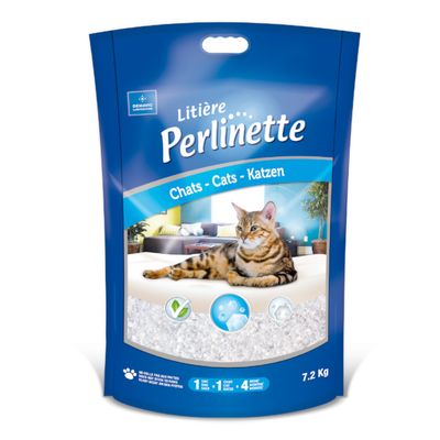 Demavic Litière Perlinette Katzenstreu, 7,2 kg. Für Katzen geeignet. Symbole: pflanzlich, absorbierend, geruchsneutralisierend. Text: 1 Sack, 1 Katze, 4 Monate.