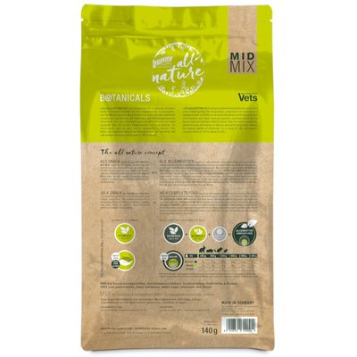 bunny nature BOTANICALS MID MIX Vets, 140 g. Etetési útmutató táblázat, piktogramok: snack, teljes értékű eledel, tartósítószer-mentes. Made in Germany felirat látható.