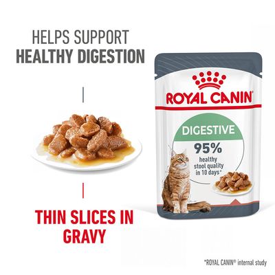 Digestive food with thin slices in gravy, helps support healthy digestion. 95% healthy stool quality in 10 days according to Royal Canin internal study.