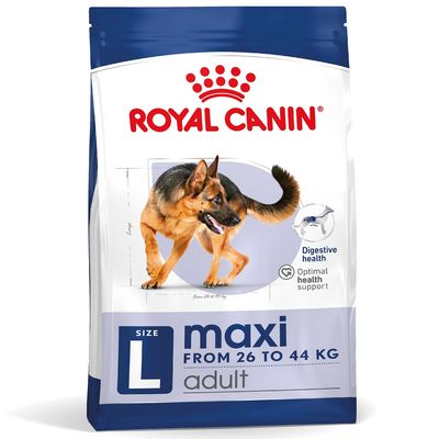 Royal Canin maxi adult kutyatáp, L méret, 26–44 kg, Digestive health, Optimal health support feliratokkal, német juhászkutya képe a csomagoláson