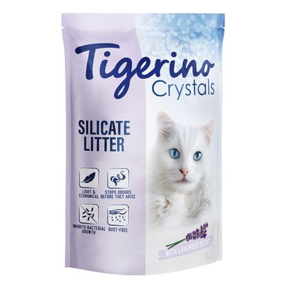 Tigerino Crystals Silicate Litter, 5L, mit Lavendelduft. Leicht, sparsam, geruchshemmend, bakterienhemmend, staubfrei. Bild einer weißen Katze.