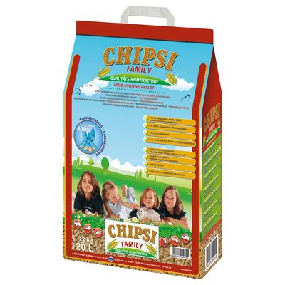 Chipsi Family quality pet bedding, corn hygiene pellets, water-absorbent up to 400%, made from 100% natural plant fibres, biodegradable, 20L pack.