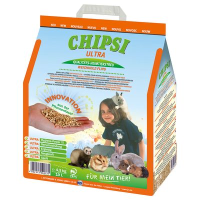 CHIPSI Ultra pet bedding made from softwood chips, plant fibre innovation, features: hygiene power, odour control, efficiency, absorbency, gentle. Contents: 4.3kg, 10L.