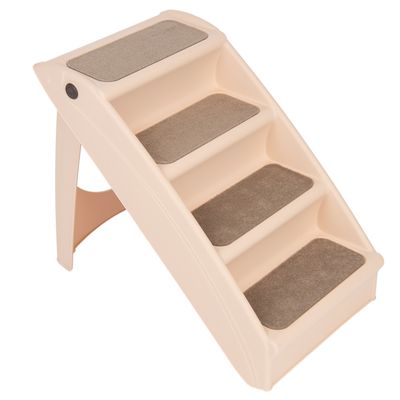 Escalera de plástico beige con cuatro peldaños, cada uno con superficie gris antideslizante.