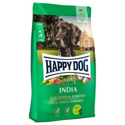 Happy Dog Sensible India, rizs, borsó és kurkuma. Németországban készült, tartósítószer hozzáadása nélkül, vegetáriánus receptúra. 11 kg feletti kutyáknak.