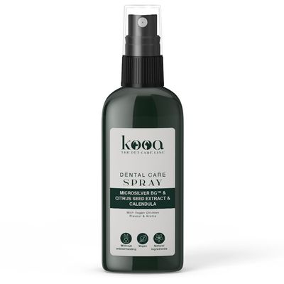 kooa Dental Care Spray z Microsilver BG™, ekstraktem z nasion cytrusów i nagietkiem. Wegański, bez testów na zwierzętach, naturalne składniki, aromat wegańskiego kurczaka.
