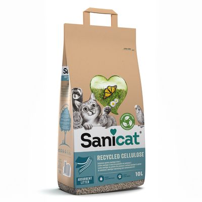 Sanicat Recycled Cellulose arena para gatos, 10L. Arena absorbente con alta absorción y textura suave. Ecológica, compostable. El envase muestra un gato, un corazón con motivo natural y símbolo de reciclaje.