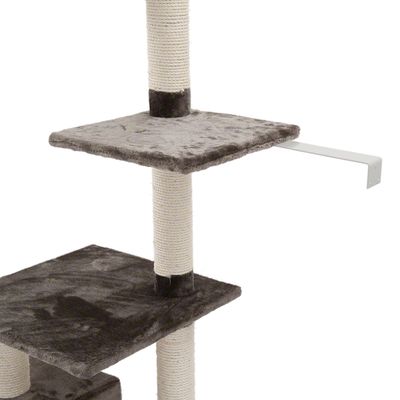 Cat tree with two grey platforms and sisal-wrapped posts, including wall bracket for stabilisation.