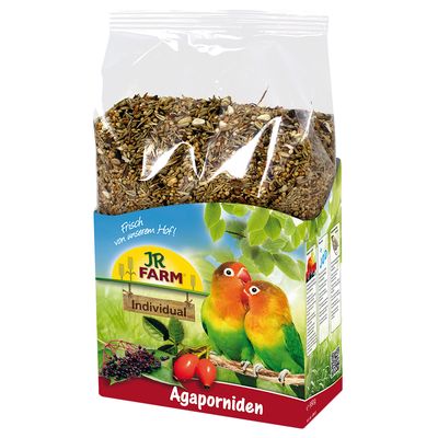 JR Farm Individual Agaporniden, eleségkeverék agapornisoknak, frissen a gazdaságból, csomagolás két papagájjal és összetevők képével.