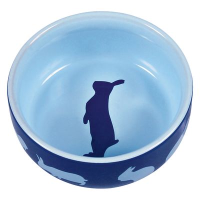 Three feeding bowls in pink, blue and brown with animal motifs: dog, rabbit and hamster. Suitable for small pets.