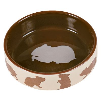 Ceramic bowl with brown rim and white and brown hamster silhouettes, suitable for food or water.