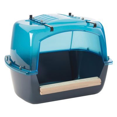 Blue bird bath with transparent roof, wooden perch and plastic housing. Suitable for cage mounting with metal clips.
