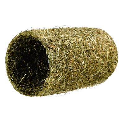 Dwa cylindryczne tunele wykonane z siana, ułożone jeden na drugim. Materiał: siano widoczne na całej powierzchni tuneli.