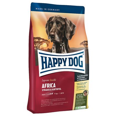 Vreća pseće hrane Happy Dog Supreme Sensible Africa Strauss & Kartoffel, Adult, 11 kg. Tekst: Made in Germany, jednostavni proteini, no gluten, straus i krumpir.