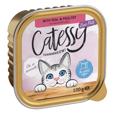 Catessy Fine Paté borjúval és baromfival, 100g. Hozzáadott cukor nélkül. Kék szemű macska illusztrációja, 'Oh, so smooth!' és 'Yummmmeow!' felirattal.