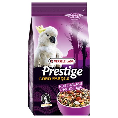 Versele-Laga Prestige Loro Parque Australian Parrot Mix. Optimális frissesség. Fehér papagáj és egy tál magkeverék képe.