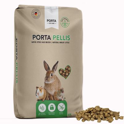 Porta Pellis lecho natural de trigo, 60L. Adecuado para conejos, cobayas y ratones. Características: 400% de absorción, controla olores, sin polvo. Fabricado en Alemania.