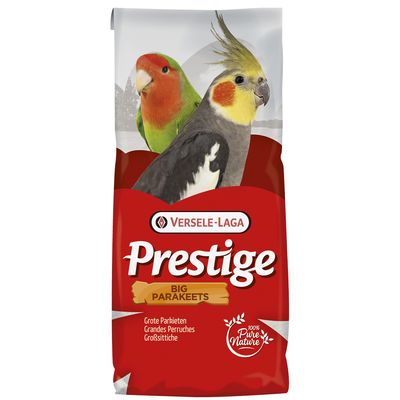 Versele-Laga Prestige Big Parakeets, eleség nagy papagájoknak, 100% Pure Nature. A csomagoláson két papagáj látható: egy nimfapapagáj és egy rózsásfejű törpepapagáj.